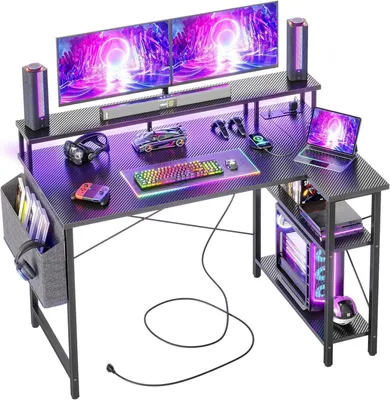Produktbild von Eckschreibtisch mit Steckdosenleiste LED 120x70 cm Ablagefächer Computertisch