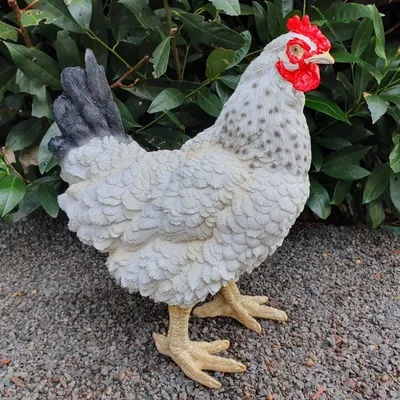 Produktbild von Gartenfigur Huhn Figur stehend weiß 36 cm Kunstharz – mit schwarzen Schwanzfedern