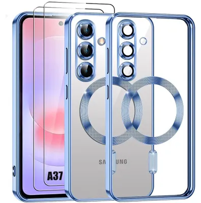 Image de Coque + 2 Verres Trempés pour Samsung Galaxy A37 5G, Silicone avec Cercle Magnétique - Bleu
