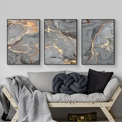 Image de Œuvres d'art abstraites pour mur, tableaux sur toile, texture marbre gris et doré, lot de 3, dimensions 50x70 cm