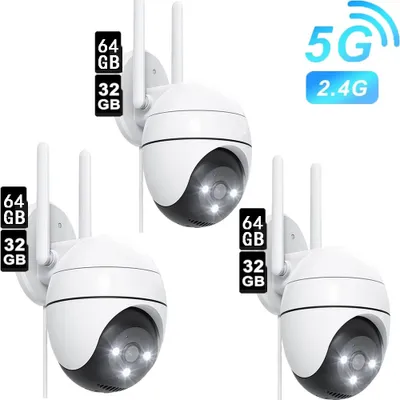 Produktbild von Überwachungskamera 360° Schwenk-/Neigekamera mit Farbnachtsicht, Bewegungserkennung, 2-Wege-Audio, 2.4 GHz WLAN, 5MP HD für Außen, 3er-Set mit 32&64GB