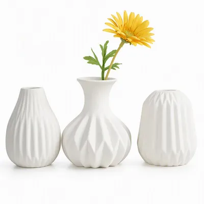 Keramikvasen 3er-Set weiß matt geometrisch 9,5–10,5 cm