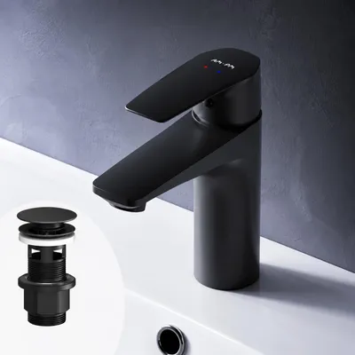 Produktbild von AM.PM Badarmatur mit Pop-Up Ablaufventil für Waschbecken Wasserhahn Bad Schwarz Waschtischarmatur mit Ablaufgarnitur 1 1/4 Zoll Messing Ventil Ablauf