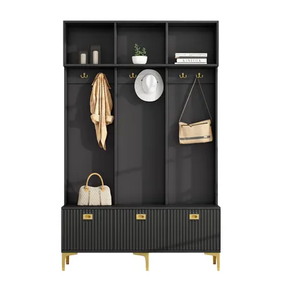 A dark gray entryway cabinet with shelves, hooks, a bench, and drawers, accessorized with a scarf, hat, and handbags.