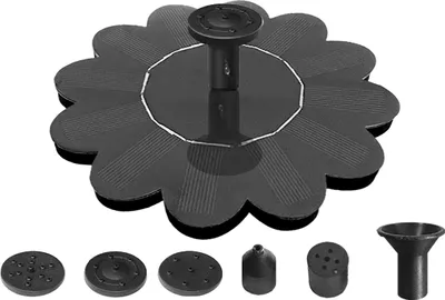 A solar-powered fountain pump with multiple nozzle attachments, displayed on a white background.