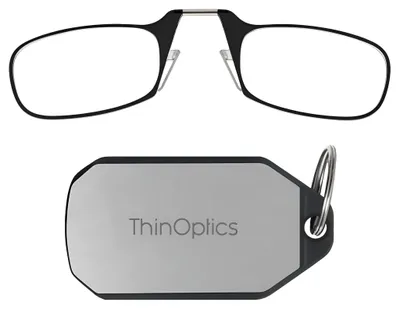 Produktbild von ThinOptics Lesebrille + Silberner Schlüsselanhänger | Schwarzes Brillengestell, 1,00 Dioptrien