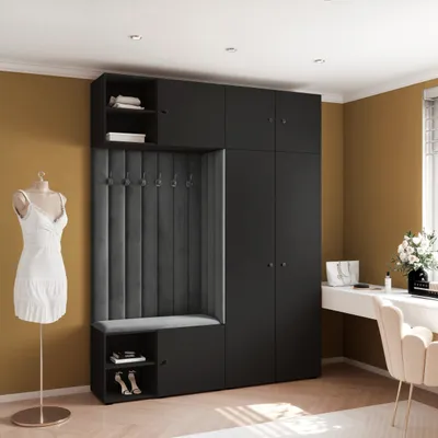 Produktbild von Garderobe ARIA 4 190 cm Schwarz Gepolstert Graphit Soft-Close Knopfgriffe Schwarz