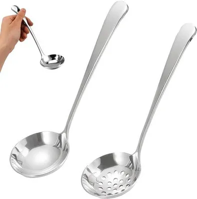 Produktbild von Unyqoos® Edelstahl-Suppenkelle & Schaumlöffel Set, 2-teilig, 20 cm – ergonomischer Griff, spülmaschinenfest, vielseitig einsetzbar