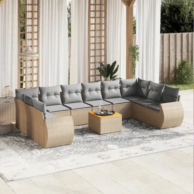 Produktbild von Design 11-tlg. Garten-Sofagarnitur mit Kissen Beige Poly Rattan, Gartenmöbel-Sets 2024 Neu