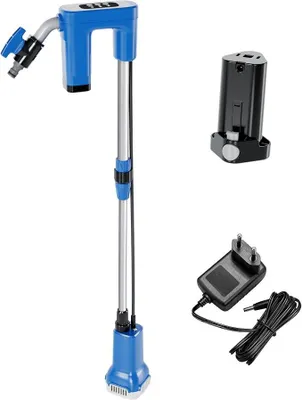 Obrázok produktu pre Ponorná čerpadlo na dažďovú vodu, 12 V, 1500 l/h, s 3 režimami, výtlačná výška 15 m, maximálna veľkosť častíc 0,5 mm, minimálna hladina vody 30 mm, ponorná hĺbka 0,8 m, so spätnou klapkou, teleskopické nastavenie, vrátane batérie a nabíjačky