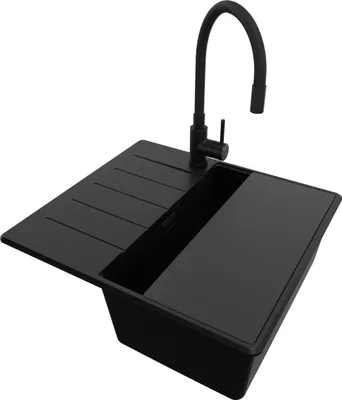 Produktbild von PRIMAGRAN Granitspüle Alles Schwarz 55x50cm, Spülbecken 1 Becken + Ablauf-Set + Küchenzubehörset, Küchenspüle ab 40er Unterschrank - Kopenhagen