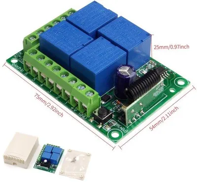 Obrázek produktu pro Bezdrátové relé s dálkovým ovládáním, 12V, 4 kanály - 433MHz modul - 4 vysílače a 1 přijímač - Dosah až 50 metrů - Luxento