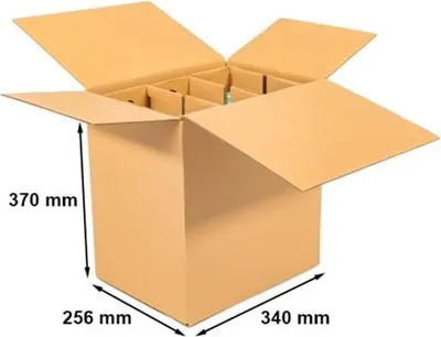 A cardboard box with internal dividers, suitable for transporting bottles.