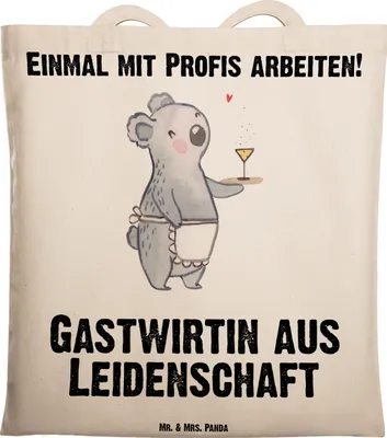 Produktbild von Mr. & Mrs. Panda Tote Bag Gastwirtin Leidenschaft - Transparent - Geschenk, Jutebeutel, Gaststätte, Bar, Lustig, Einkaufstüte, Einkaufstasche, Laptoptasche, Tasche
