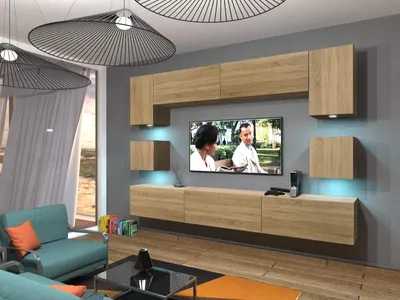 Produktbild von Furnitech Wohnwand Wohnzimmer - Wohnzimmer Möbel mit LED RGB - Hängend Wohnwand Modern - Wohnzimmer Schrankwand(Nowara AN1-17S-M50 1B)