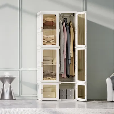 Produktbild von CDGlobal Kleiderschrank mit Kleiderstangen, DIY Baukastensystem, Einlegeböden, tiefe Ausführung,10 Fächer, 6 Türen, 170 x 50 x 69cm,weiß