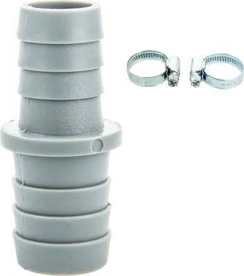 A gray plastic hose adapter with ribbed sections and two silver hose clamps on a white background.