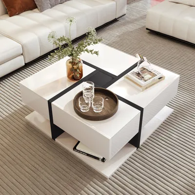 Image de OKWISH Table Basse Carrée avec Espace de Rangement Sous Plateau, Design Contemporain en Panneau de Particules, Finition Laquée Blanc et Noir 78×78×36 cm