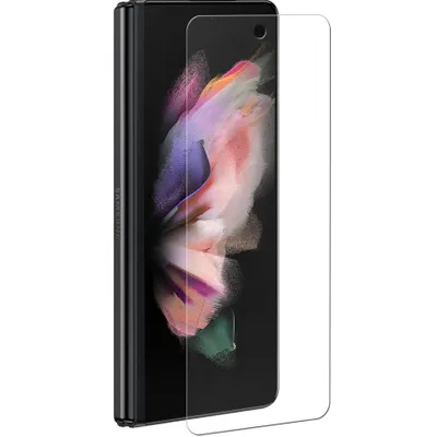A folded smartphone with a screen protector placed on top of the screen.