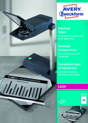Produktbild von Avery Zweckform 3553 Overhead-Folien, DIN A4, spezialbeschichtet, stapelverarbeitbar, abziehbarer Sensorstreifen lange Seite, Stärke: 0,10 mm, 100 Blatt