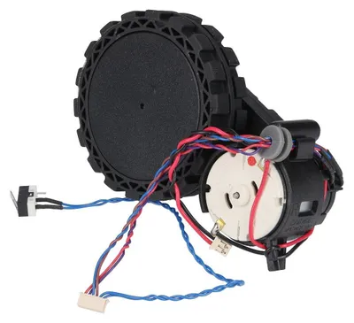 A close-up studio shot of a robot vacuum cleaner drive wheel module with attached motor and wiring.