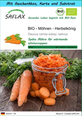 Produktbild von SAFLAX - Geschenk Set - BIO - Möhren - Herbstkönig - 1000 Samen - Mit Geschenk- / Versandbox, Versandaufkleber, Geschenkkarte und Anzuchtsubstrat - Daucus carota