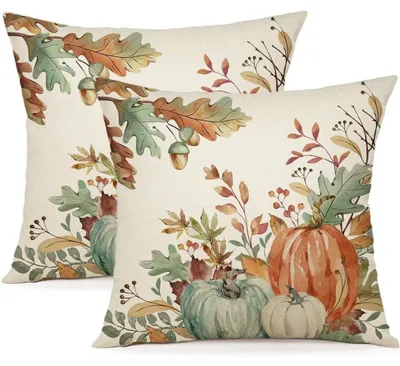 Productafbeelding van Kussensloop 45x45 cm, herfst, pompoen decoratie, set van 2, linnenmix