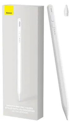 A white stylus pen and its packaging are displayed against a white background.
