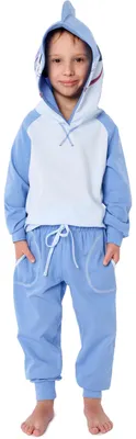 Image de Pyjama à manches longues en coton pour enfants (filles et garçons) Ladeheid, pyjama coloré avec motif animalier, déguisement à capuche LA40-236 (Requin bleu, 122-128)