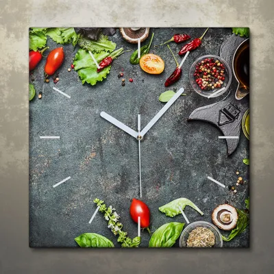 Produktbild von Wohnzimmer Leinwand Uhr Geräuschlos Küche 30x30 Gewürze, Gemüse, Motive, weiße Zeiger