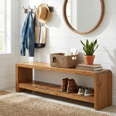 Produktbild von Tribesigns Massivholz Flurbank, 150 cm Lange Schuhbank mit offenem Ablagefach, Landhaus Sitzbank für Flur, Diele, Schlafzimmer, Walnuss Braun