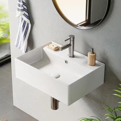 Immagine prodotto di HOROW Lavabo a parete Lavabo sospeso rettangolare per bagno con bordo sottile Lavabo da appoggio di design con foro per rubinetto e troppopieno 45x31 cm
