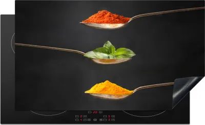 Produktbild von KitchenYeah© Herdabdeckplatte Kräuter - Löffel - Gewürze - Schwarz - Italienisch , 91x52cm, Küche Deko, Glaskeramikkochfeld Herdabdeckung, Abdeckplatte fùr Kochfeld
