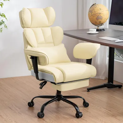 Zdjęcie produktu dla HOFFREE Ergonomiczne skórzane krzesło biurowe, wysokie krzesło obrotowe XXL z podnóżkiem, regulowanym zagłówkiem i podłokietnikami, nośność do 200 kg, beżowe