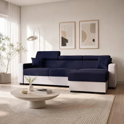 Produktbild von GOLDSTOFF DIWIA Ecksofa 202 x 130 cm mit Schlaffunktion & Bettkasten – Schlafsofa L-Form mit Kopfstützen Stauraum (dunkelblau+Weiß)