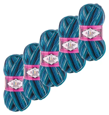 5x100g Sockenwolle Superwash 4-fädig Schurwolle Strumpfstrickgarn ozean