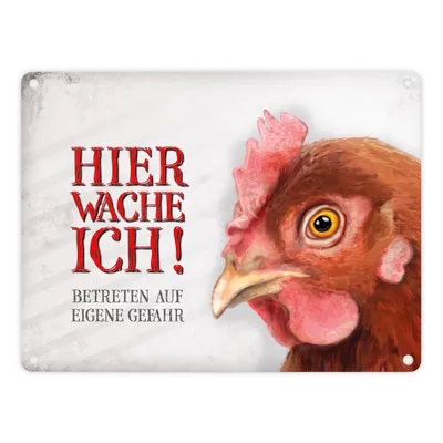 Produktbild von Metallschild mit Huhn Motiv und Spruch: Betreten auf eigene Gefahr ... Schild