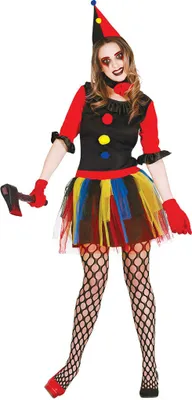 A woman dressed in a clown costume, holding a toy axe.