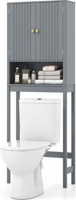 Zdjęcie produktu dla COSTWAY Szafka pod toaletę, Szafka łazienkowa z drzwiami, Szafka wisząca z regulowaną półką i dolnym drążkiem, Półka pod toaletę, Szary
