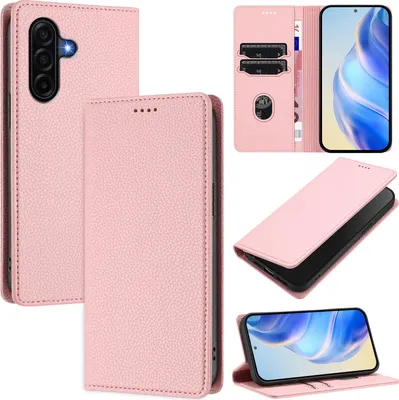 Produktbild von Litchi Leder Handyhülle für Samsung Galaxy A37 Wallet Kartenfächer Standfunktion Hülle Pink