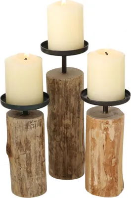 Immagine prodotto di Set di 3 portacandele in eucalipto - 24 / 19 / 15 cm - Portacandele in legno con supporti in metallo
