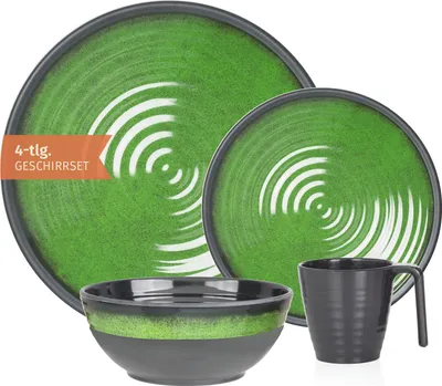 Produktbild von Camping Geschirr Set 1 Person 4-teilig | Melamin | Picknick Geschirrset | Campinggeschirr Stone Green Design