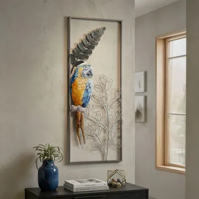 Immagine prodotto di Pannello decorativo a forma di pappagallo, in metallo, multicolore, dimensioni 28,6 x 2,5 x 74,3 cm, design di Mauro Ferretti