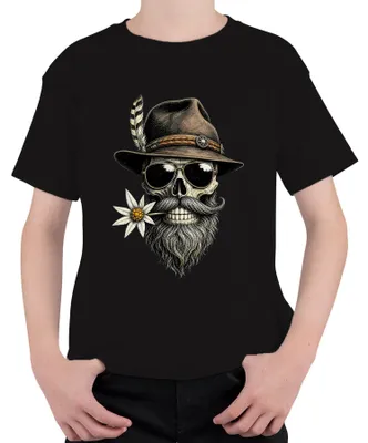 Immagine prodotto di Teschio, barba, edelweiss, cappello tradizionale, , pantaloni di pelle, abito tradizionale, maglietta per bambini, nera, taglia 116