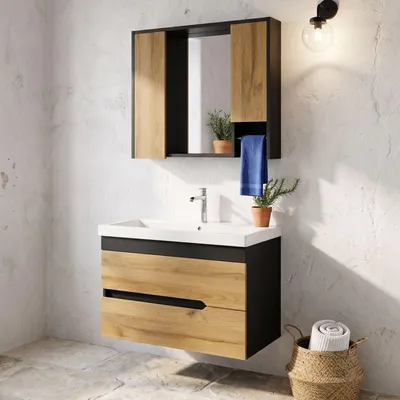 Produktbild von Badmöbel Set mit Waschbecken 80 cm Breit | Badezimmerunterschrank Spiegelschrank