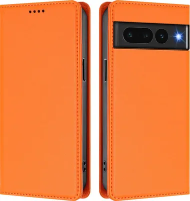 Image de Etui en cuir pour Google Pixel 7 Pro, étui magnétique en cuirPolyuréthaneavec support Orange