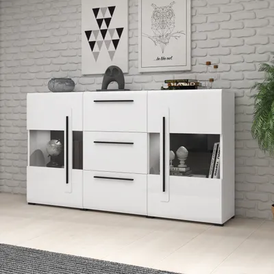 Produktbild von Masseno Kommode TULLIA 180 cm Sideboard mit 3 Schubladen und 2 Türen für Wohnzimmer Schlafzimmer Modern 180x39x103 cm Weiß / Weiß