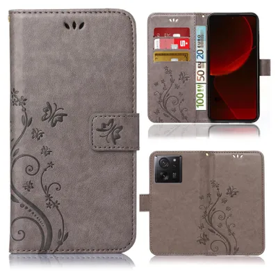 Produktbild von Handy Tasche für Xiaomi 13T / 13T Pro Schutz Hülle Handyhülle mit Blumenmuster Klapp Hülle mit Standfunktion und Kartenfächer Grau