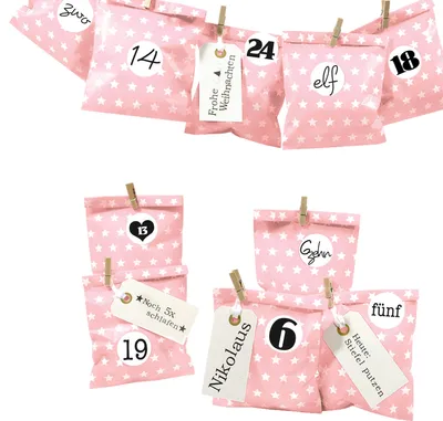 Produktbild von DIY Adventskalender zum Befüllen Bescherung, Papiertueten flach 13x16,5cm, rosa Stern, Ziffern schwarz-weiß