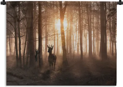 Produktbild von MuchoWow® Wandteppich Wandbehang Wald - Hirsche - Sonne - Bäume - Winter - Natur - Tiere 120x90 cm Tapisserie Dekoration Wandtuch - Wohnen - Aufhänger für die Wand